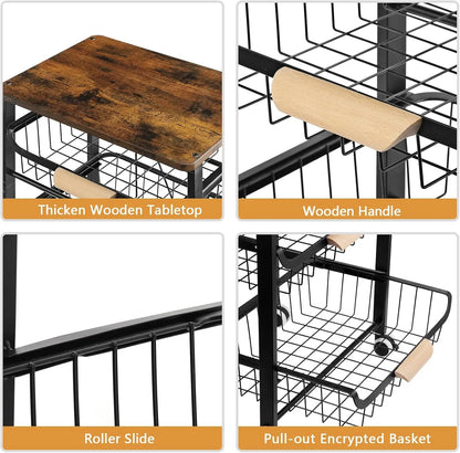 5-Tier Rolling Kitchen Cart with Wooden Top, Metal Mesh Baskets for Storage & Wheels.