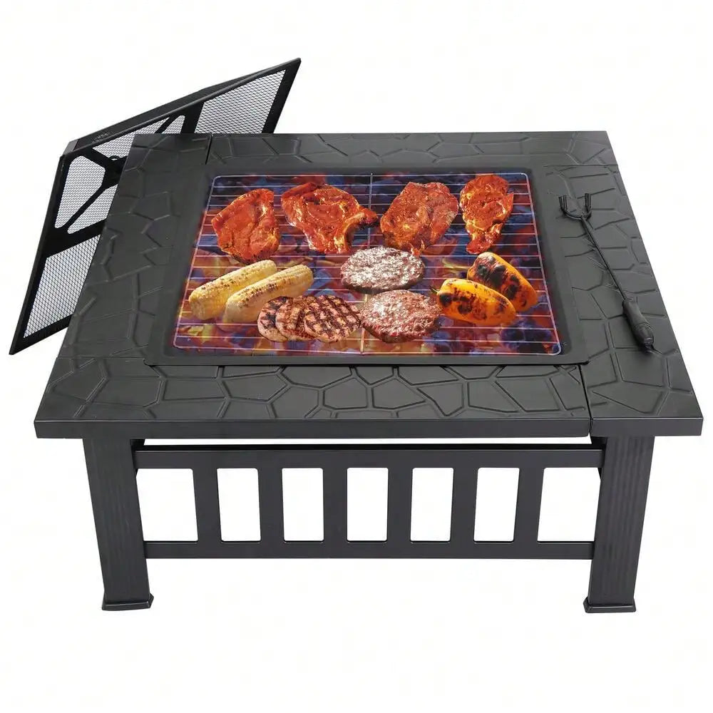 32" Metal Firepit Backyard Patio Garden Decor Square Stove Fire Pit With Cover