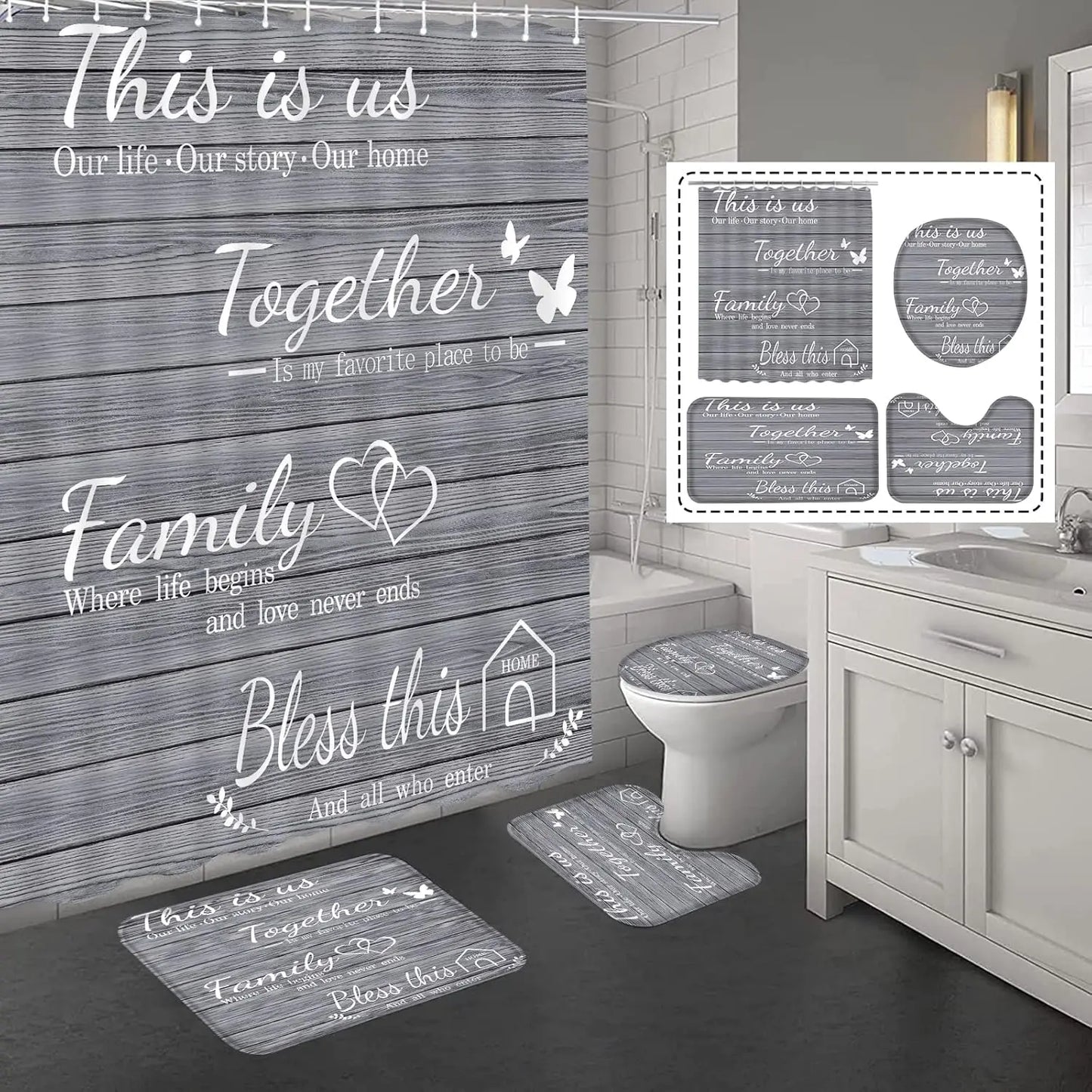 4-Piece Grey Bathroom Set with Waterproof Shower Curtain, Non-Slip Rugs, Toilet Cover & Mat for Home Decor