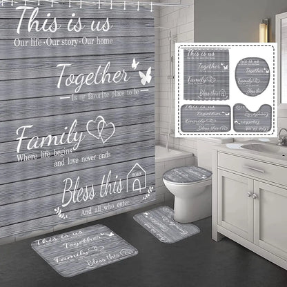 4-Piece Grey Bathroom Set with Waterproof Shower Curtain, Non-Slip Rugs, Toilet Cover & Mat for Home Decor