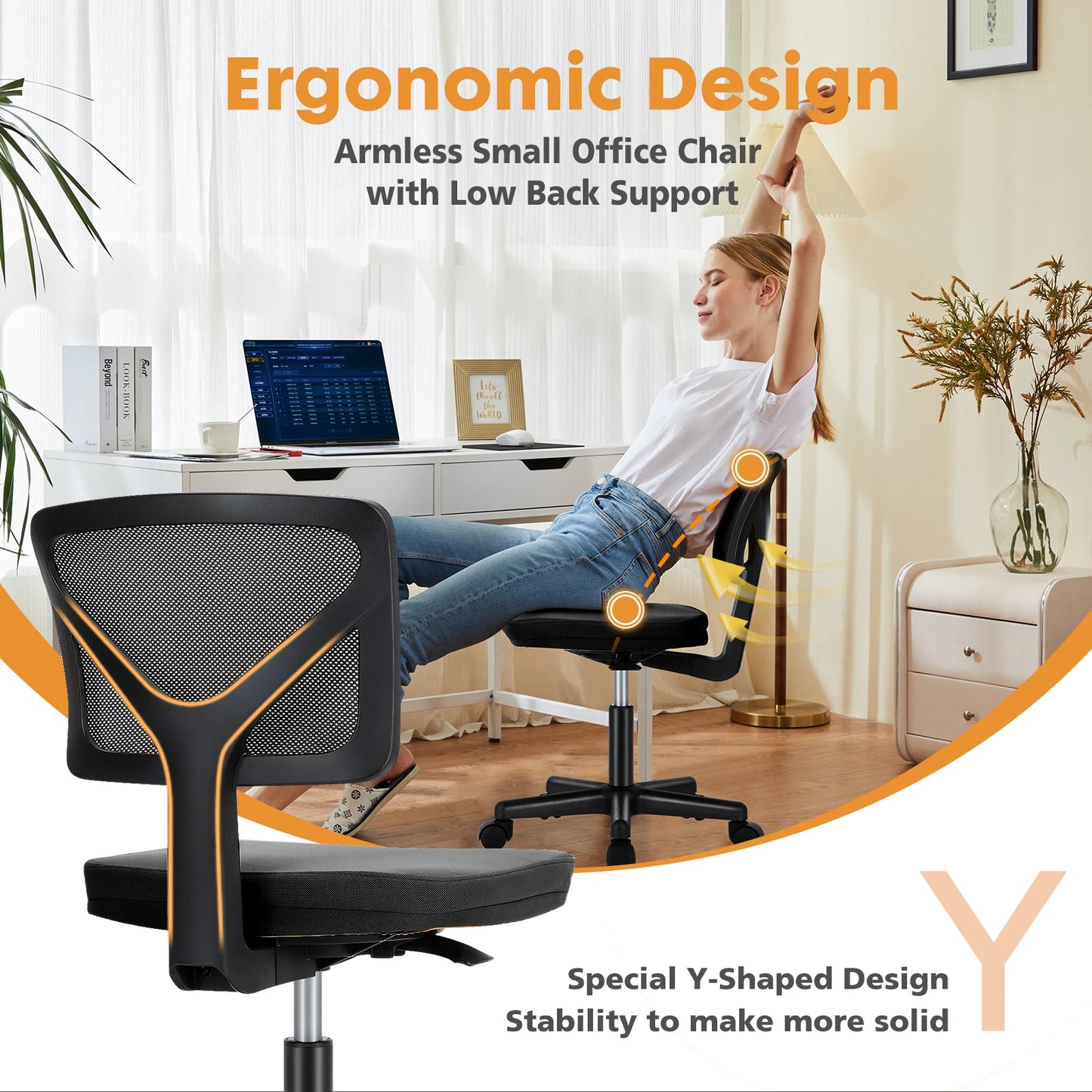 Mesh with Lumbar Support Armless Office Chair Low Back with Wheels Adjustable Height, Rolling Swivel Computer Chair