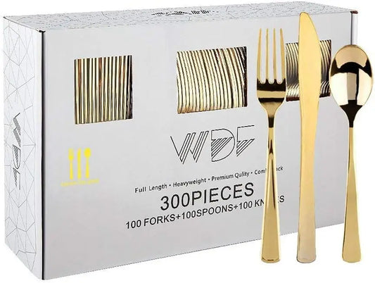 300-Piece Gold Plastic Silverware Set: Heavy Duty Disposable, with Forks, Spoons, Knives for Parties.