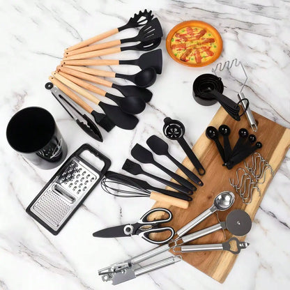 44-Piece Silicone Kitchen Utensil Set w/ Holder Black Wood Handle.