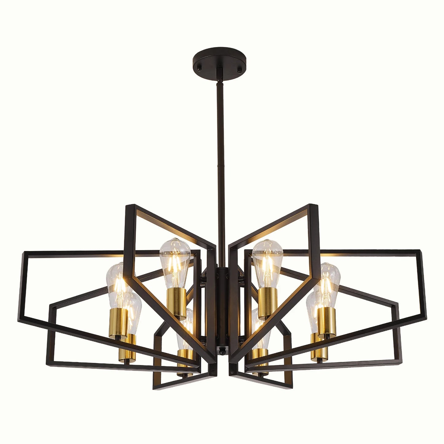 8-Light Geometric Chandelier Adjustable Height Metal Pendant Light with Black Frame & Golden Accents.
