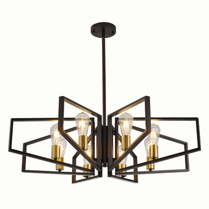 8-Light Geometric Chandelier Adjustable Height Metal Pendant Light with Black Frame & Golden Accents.