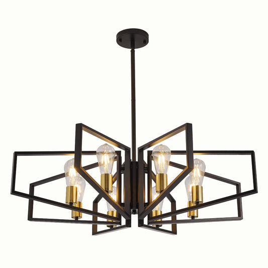 8-Light Geometric Chandelier Adjustable Height Metal Pendant Light with Black Frame & Golden Accents.