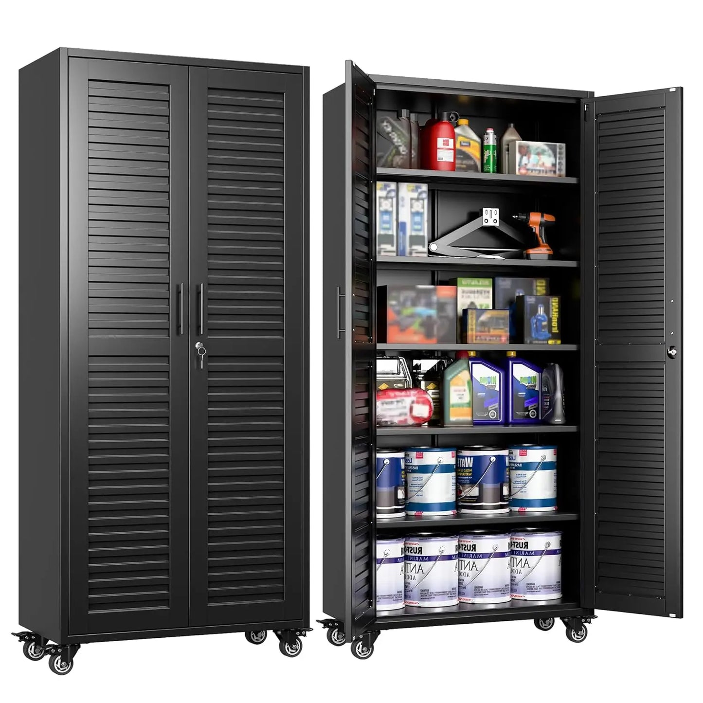 Garage Storage Cabinet with Wheels Pegboard and Adjustable Shelves, Metal Lockable Cabinet.