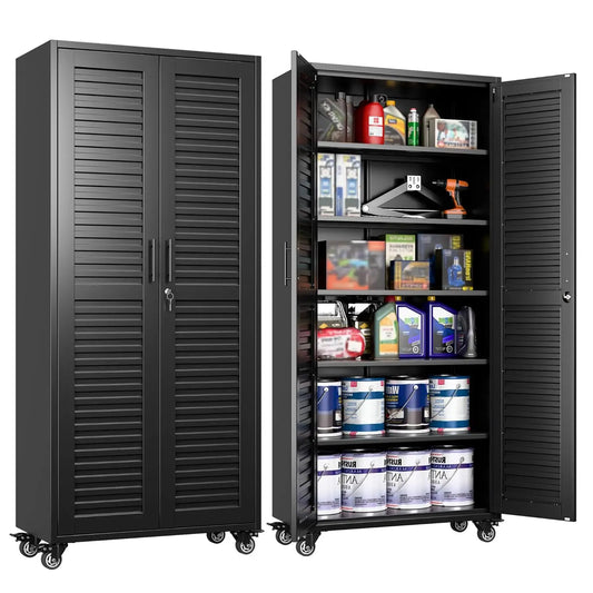 Garage Storage Cabinet with Wheels Pegboard and Adjustable Shelves, Metal Lockable Cabinet.