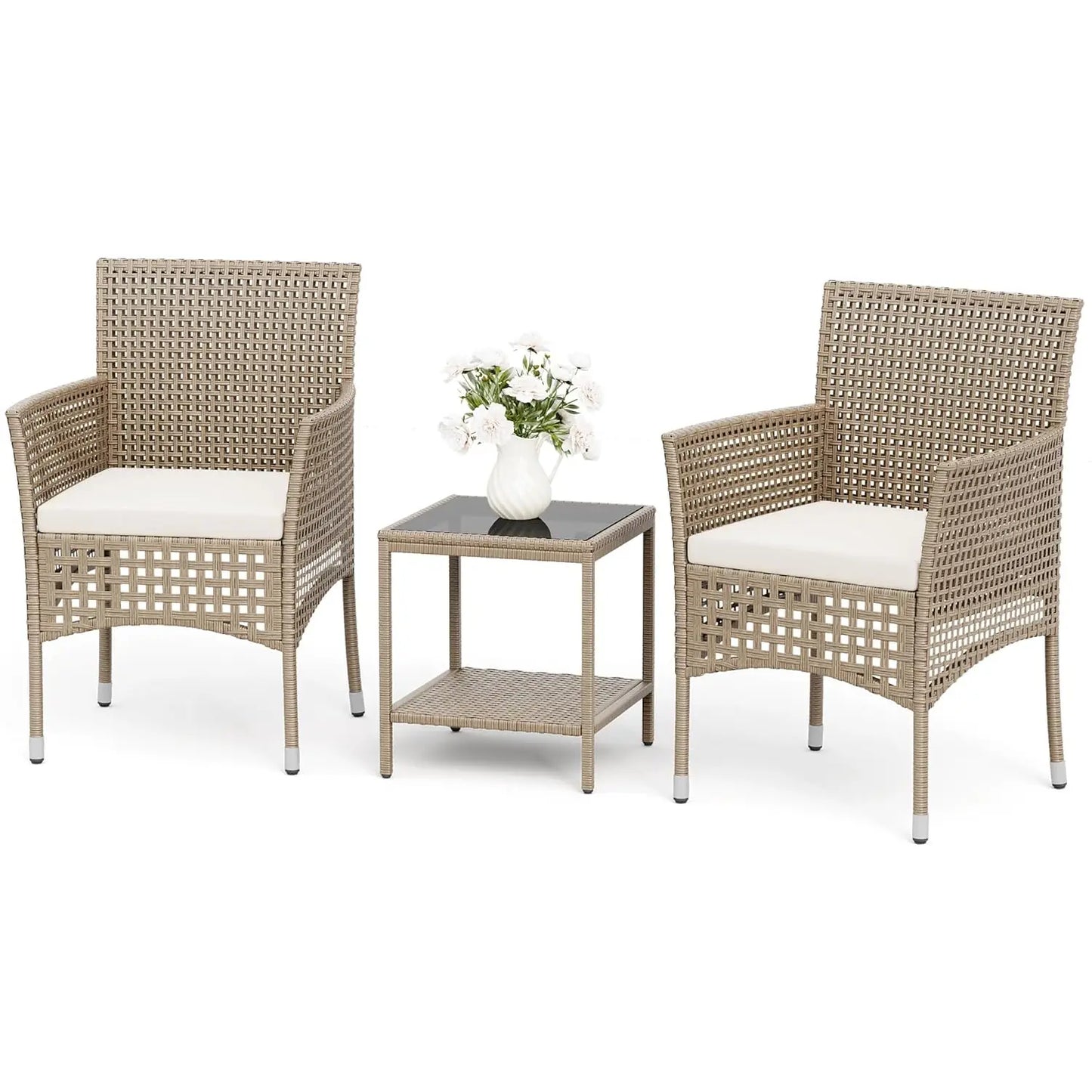 Outdoor 3 Piece Patio Furniture Set Wicker Chairs with Glass-top Coffee Table for Balcony, and Porch.