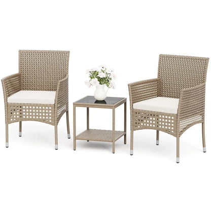 Outdoor 3 Piece Patio Furniture Set Wicker Chairs with Glass-top Coffee Table for Balcony, and Porch.