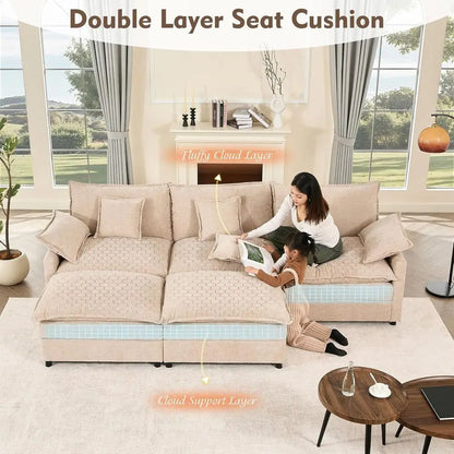 Modern 3-Piece Sofa Set with Mobile Ottoman, Suitable for Living Room, Velvet, White.
