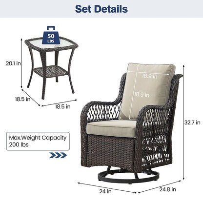 3-Piece Wicker Swivel Rocking Patio Set, 2 Chairs & Glass Table, Outdoor Furniture for Porch & Backyard.