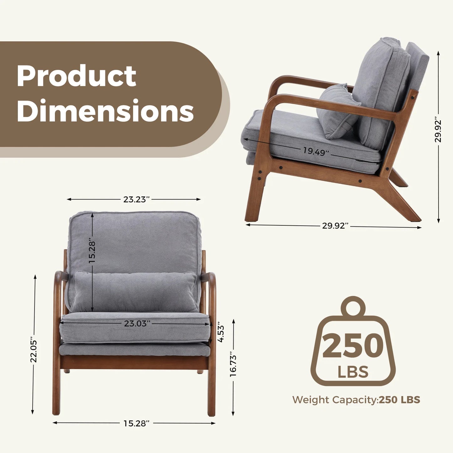 JHK Mid Century Modern Chair Solid Wooden Frame Accent Chair with Arms, Waist Cushion Chair