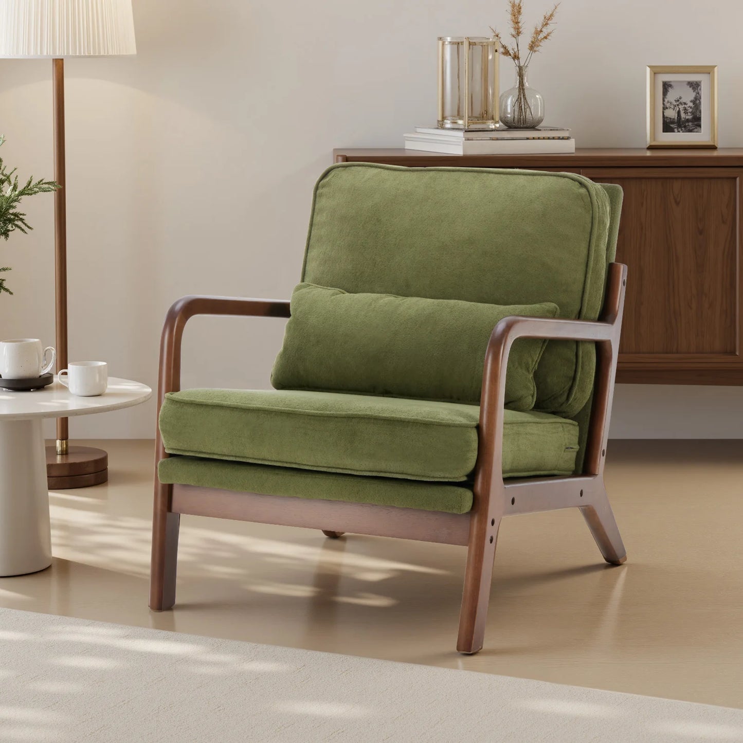 JHK Mid Century Modern Chair Solid Wooden Frame Accent Chair with Arms, Waist Cushion Chair