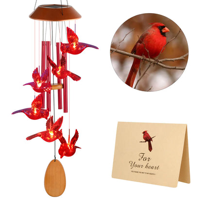 Solar Wind Chimes, Wooden Cardinal with Aluminum Tubes, Outdoor Garden Decor
