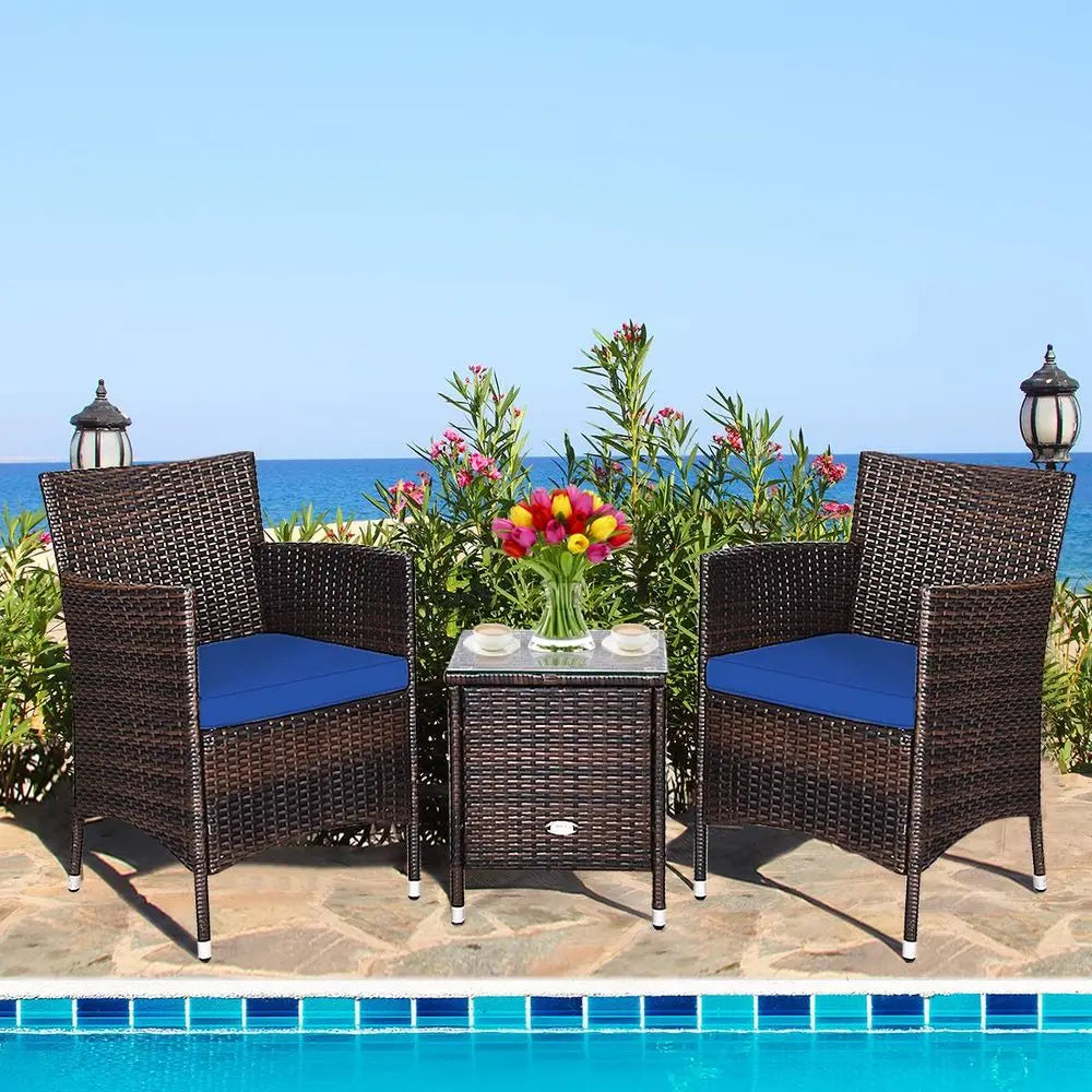 3 Piece Patio Furniture Set Outdoor Rattan Wicker Conversation Set with Coffee Table & Chairs.