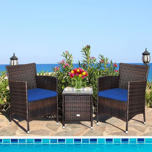 3 Piece Patio Furniture Set Outdoor Rattan Wicker Conversation Set with Coffee Table & Chairs.