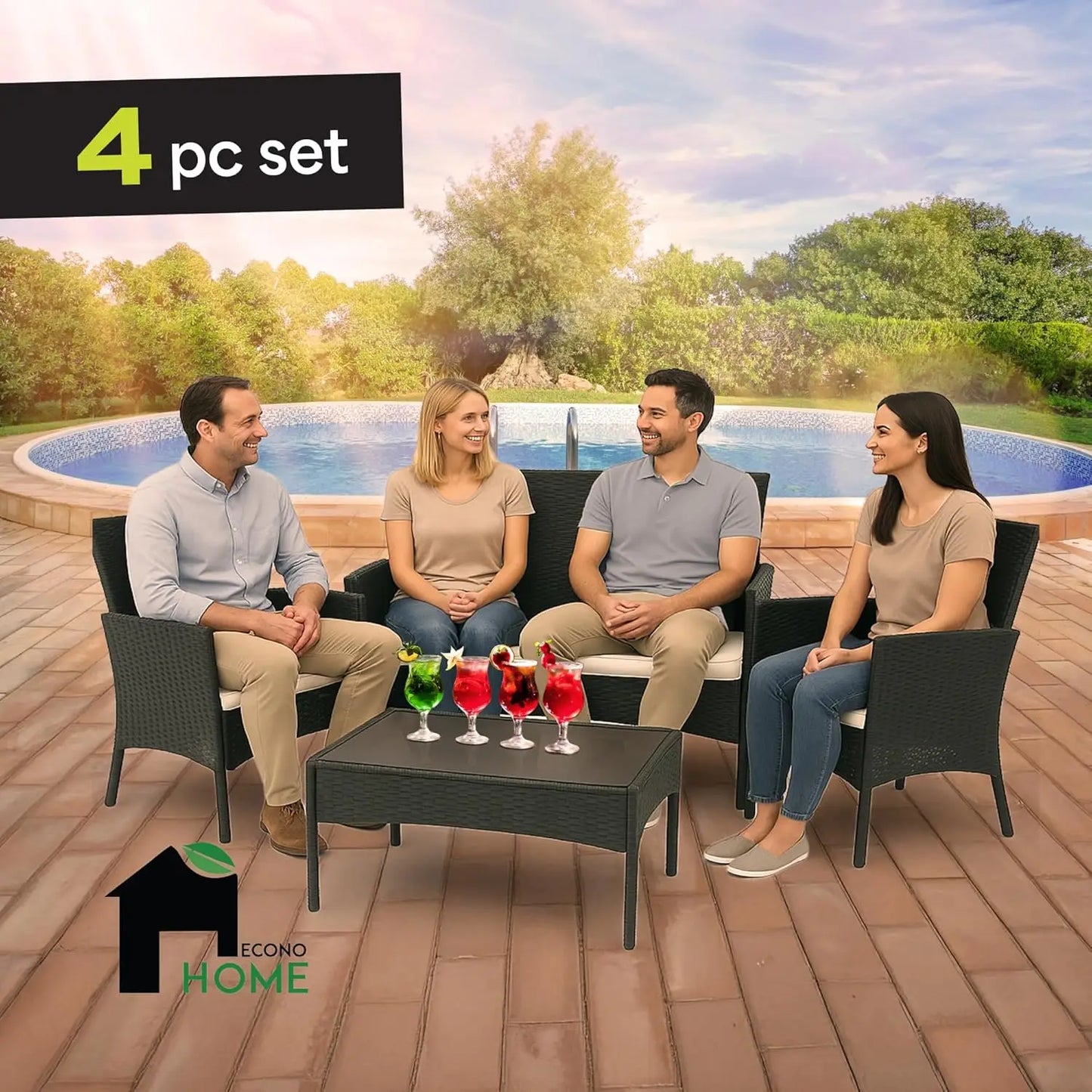 4-Piece Outdoor Patio Furniture Set - Patio Set with 2 Rattan Chairs, Love seat & Table.