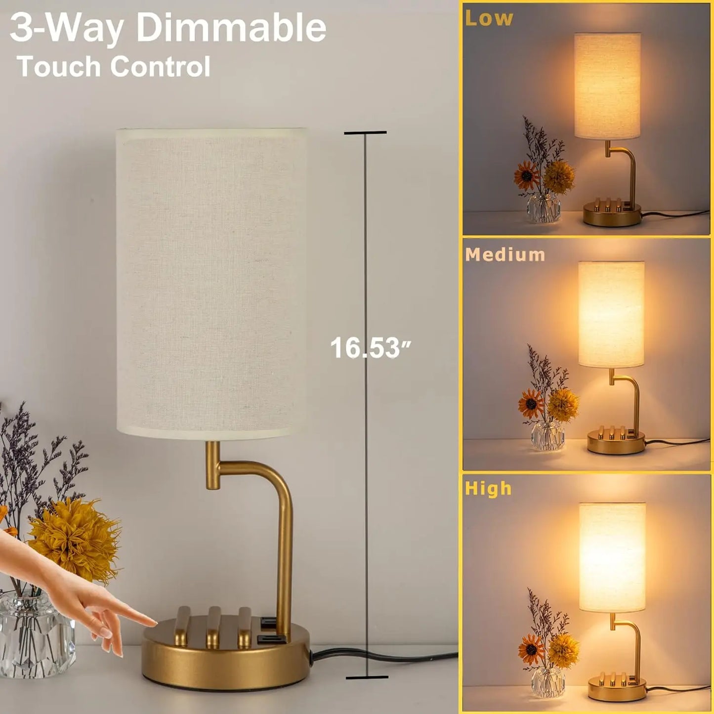 Touch Control USB Table Lamp with Dimmable LED, USB C/A Charging Ports.