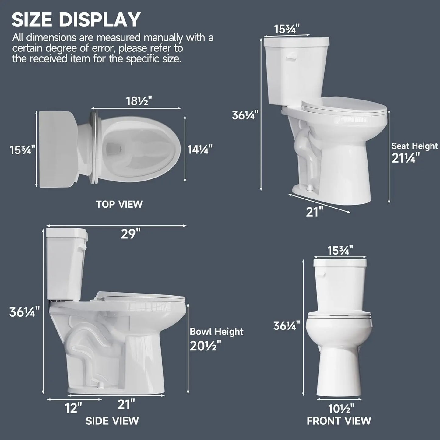 Elongated Extra Tall Toilet 21 Inch for Seniors 1.28 GPF Tornado Flush.