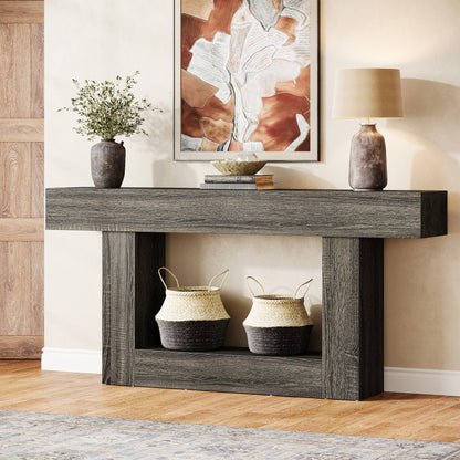Tribe signs 63" Console Table, Farmhouse 2-Tier Entryway Table with U-Shaped Base, Narrow.