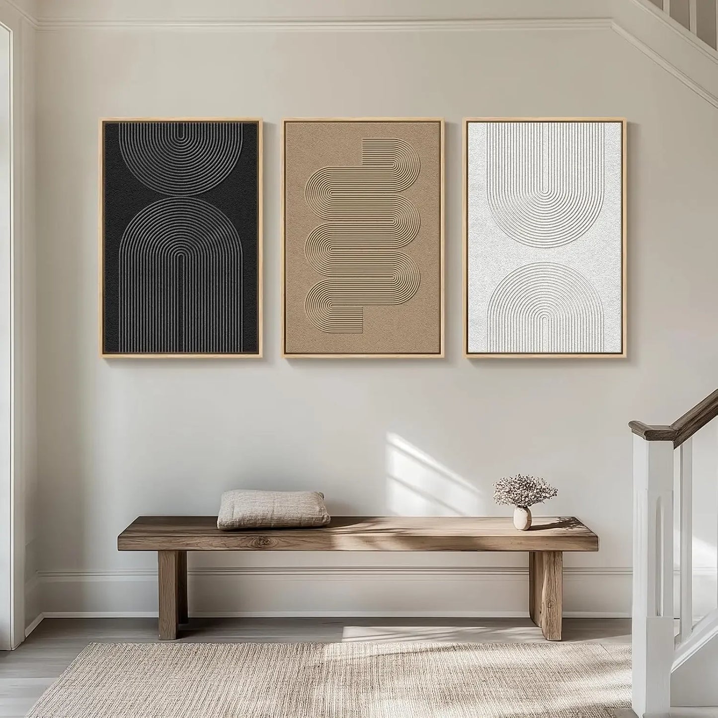 Large Framed Black and White Neutral Abstract Wall Art for Living Room, 3 Piece Boho Canvas Prints.