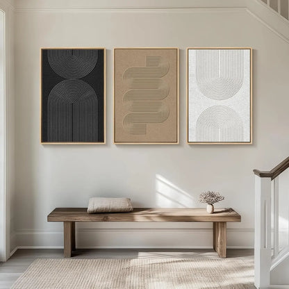 Large Framed Black and White Neutral Abstract Wall Art for Living Room, 3 Piece Boho Canvas Prints.