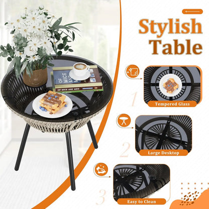 Patio Furniture Set 3 Pcs Rope Woven Bistro Set Outdoor Set, 2 Wide Chairs, Cushions & Tempered Glass Table