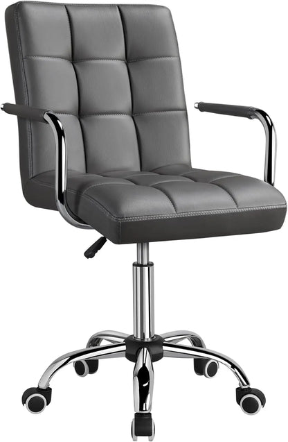White Desk Chairs with Wheels/Armrests Modern PU Leather Office Chair Midback Adjustable Home Executive Chair 360°
