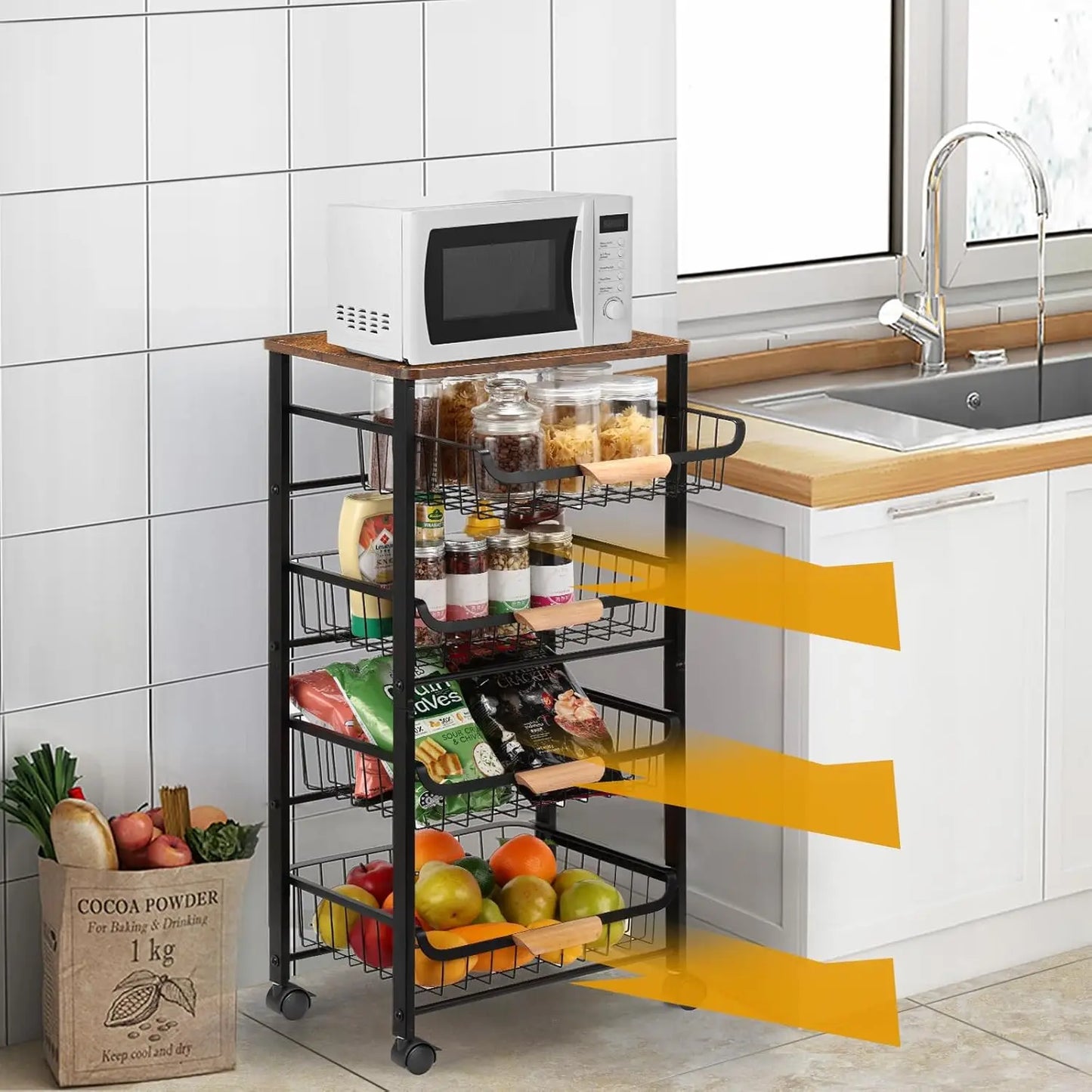 5-Tier Rolling Kitchen Cart with Wooden Top, Metal Mesh Baskets for Storage & Wheels.