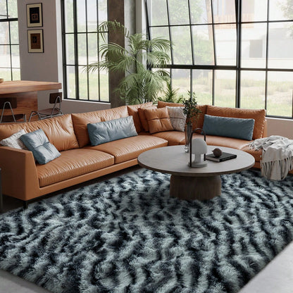 Fluffy Long Shag Zebra Print Rug for Bedroom, Washable, Super Soft Indoor Plush Rug.