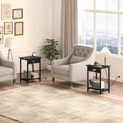 Side Table with Charging Station & USB Port, Set of 2, Small End Table Nightstands for Bedroom, Living Room.