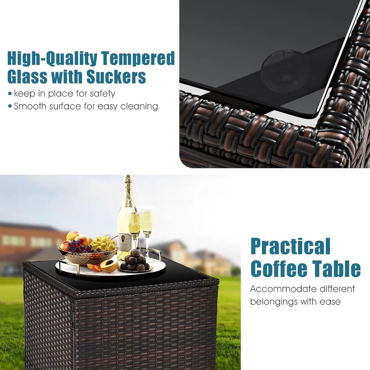 3 Pieces Patio Furniture Set, PE Rattan Wicker Outdoor Sofa Set w/Washable Cushion and Tempered Glass.