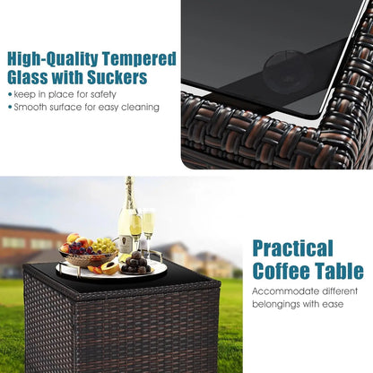 3 Pieces Patio Furniture Set, PE Rattan Wicker Outdoor Sofa Set w/Washable Cushion and Tempered Glass.
