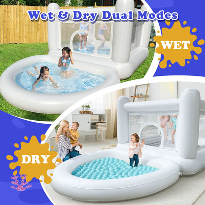White Bounce House with Pump, Kids Ball Pit, for Kids 3-6 Birthdays Indoor/Outdoor Playhouse.