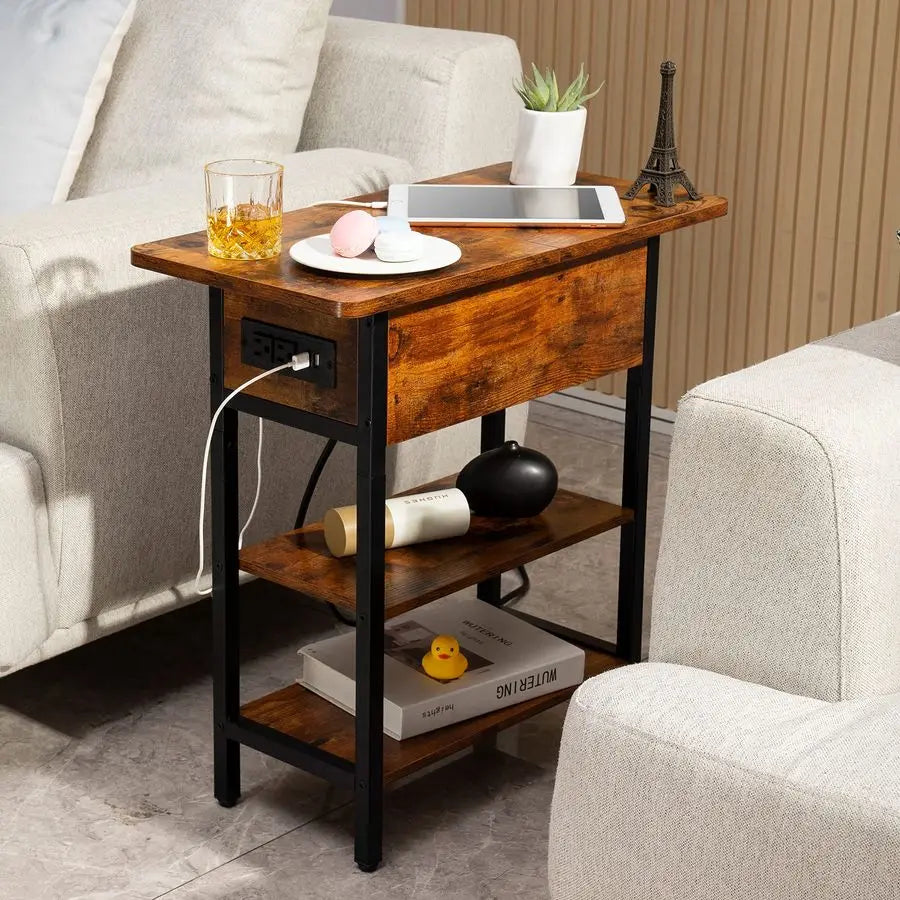 End Table with Charging Station, Flip Top Side Table with USB Ports and Outlets - for Living Room