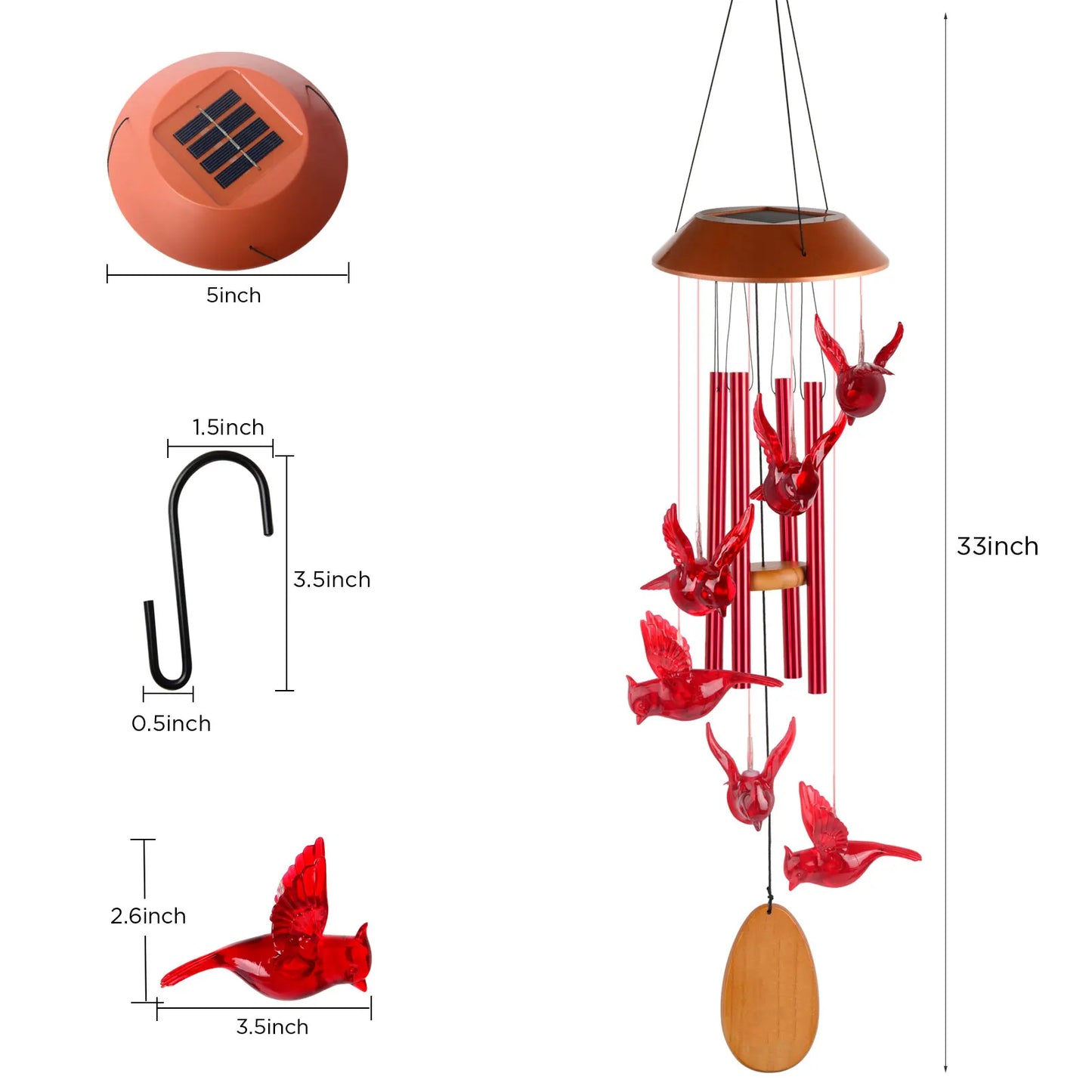 Solar Wind Chimes, Wooden Cardinal with Aluminum Tubes, Outdoor Garden Decor