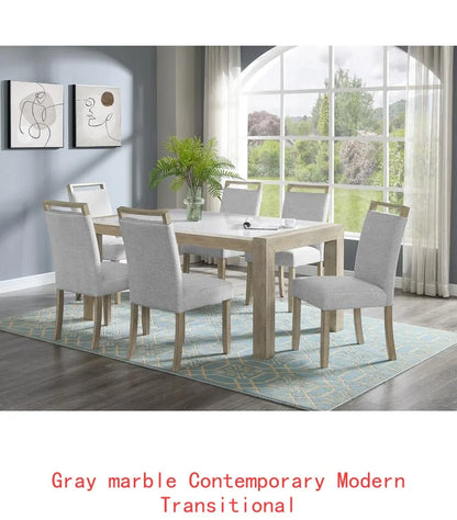 Contemporary 7pc Dining Set with White Faux Marble Rectangular Table and Full Back Upholstered Chairs.