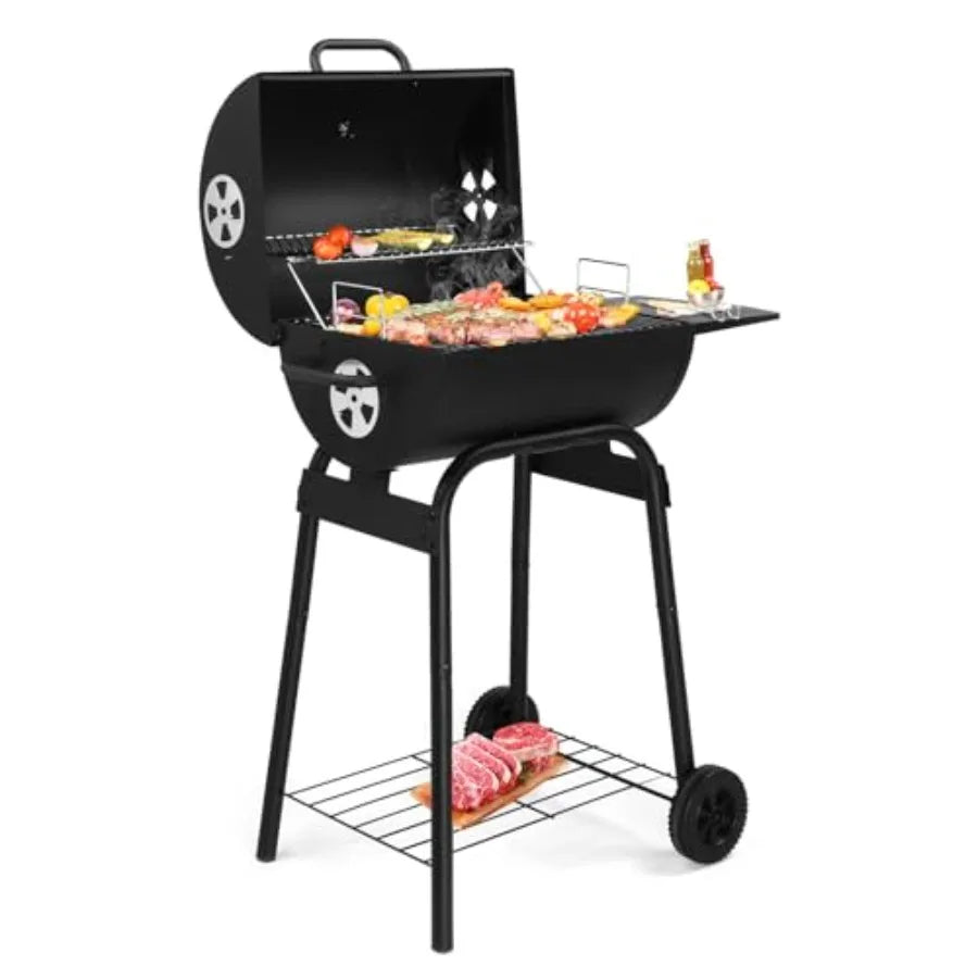 Barrel Charcoal Grill with Side Table, Wheels for Outdoor Cooking in Patio Backyard Durable Smoker Grill