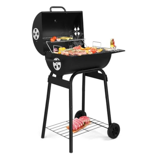 Barrel Charcoal Grill with Side Table, Wheels for Outdoor Cooking in Patio Backyard Durable Smoker Grill