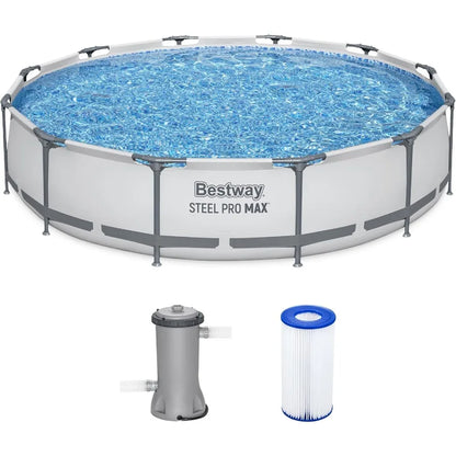12 Foot by 30 Inch Round Above Ground Swimming Pool Set Outdoor Metal Frame with Filter Pump.