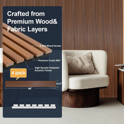 4-Piece 96" x 12.6" Soundproof Wood Slat Wall Panels, Acoustic Noise Cancelling Interior Decor Teak