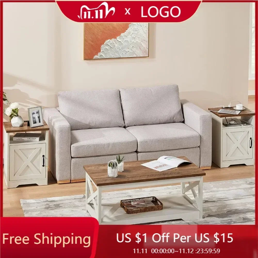 Bestseller Farmhouse Style 3-Piece Living Room Furniture Set - Coffee Table - 2 End Tables, Charging Station.