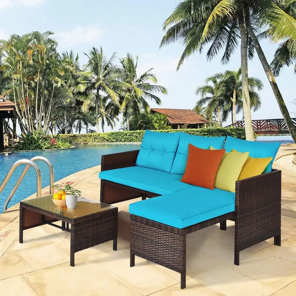 3-Piece Outdoor Rattan Sofa Set with Lounge Chaise and Loveseat Table for Patio.