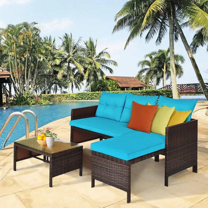 3-Piece Outdoor Rattan Sofa Set with Lounge Chaise and Loveseat Table for Patio.