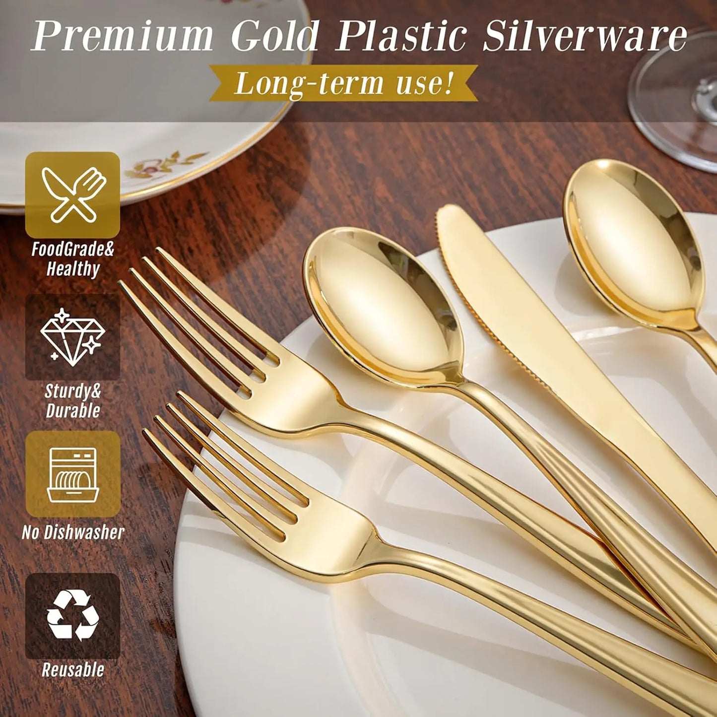 300-Piece Gold Plastic Silverware Set: Heavy Duty Disposable, with Forks, Spoons, Knives for Parties.