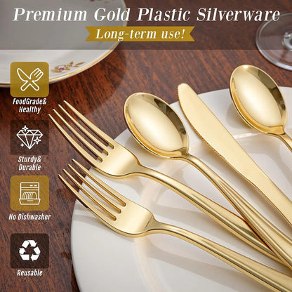 300-Piece Gold Plastic Silverware Set: Heavy Duty Disposable, with Forks, Spoons, Knives for Parties.