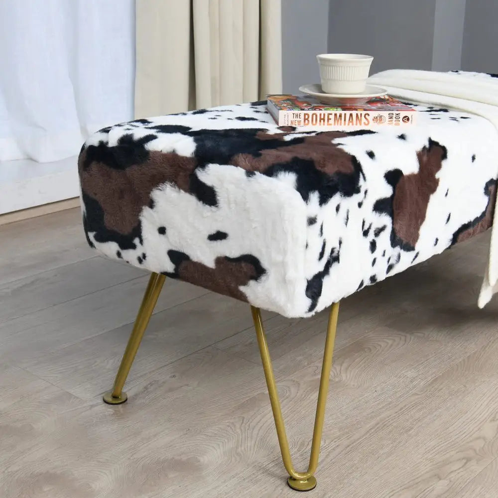 Long Rectangle Faux Fur Ottoman Entryway Bench Soft Furry Footrest Accent Seating for Bedroom.