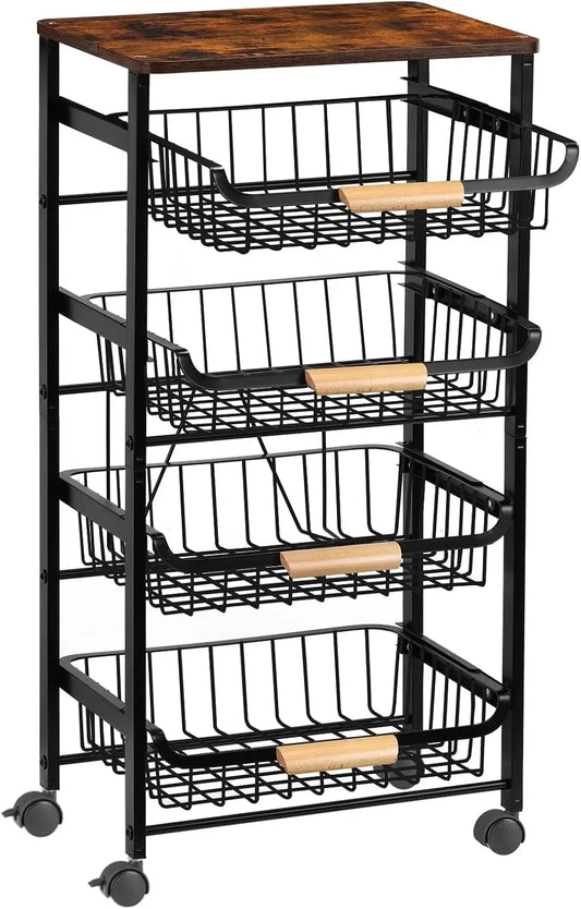 5-Tier Rolling Kitchen Cart with Wooden Top, Metal Mesh Baskets for Storage & Wheels.