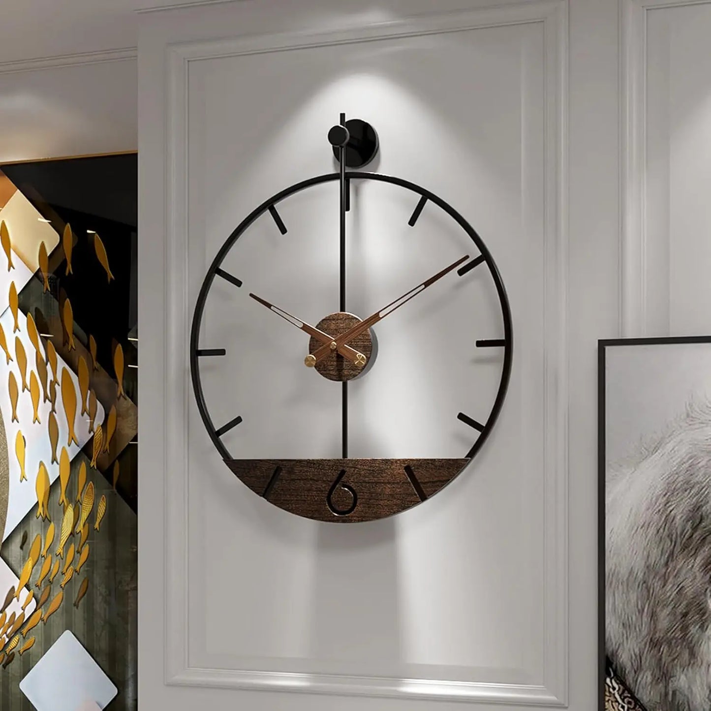 Modern Wood Walnut Dial Wall Clock, Large Simple Wall Decor Metal Frame Silent Non-Ticking Clock.
